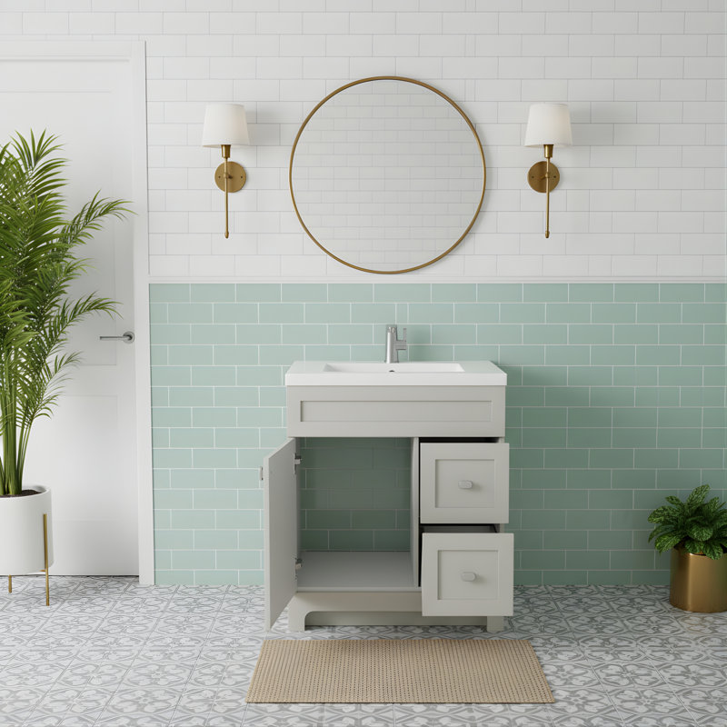 Meuble-lavabo autoportant avec plateau en marbre de culture et lavabo intégré Daisy, Gris saule, 30"