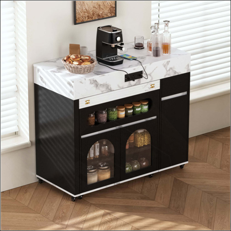 Extendable Dining Table With Extra-Long Folding Top, Rolling Kitchen Island With Drawers, Power Outlet And Brake Lock, Storage Cabinet For Kitchen And Dining Room