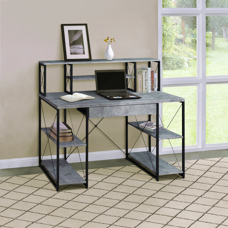 Bureau avec tablettes ouvertes et huche, Gris