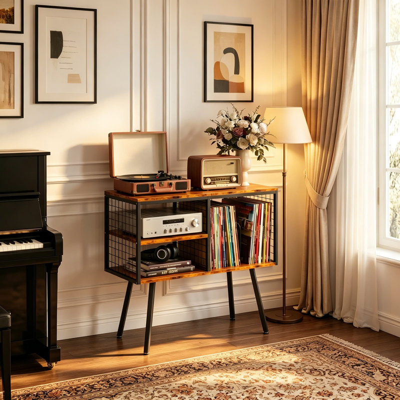 Support pour tourne-disque avec rangement pour disque vinyle, peut contenir jusqu'à 150 albums, support pour table tournante à 3 niveaux avec cloison réglable, table de tourne-disque industrielle pour le salon, brun rustique