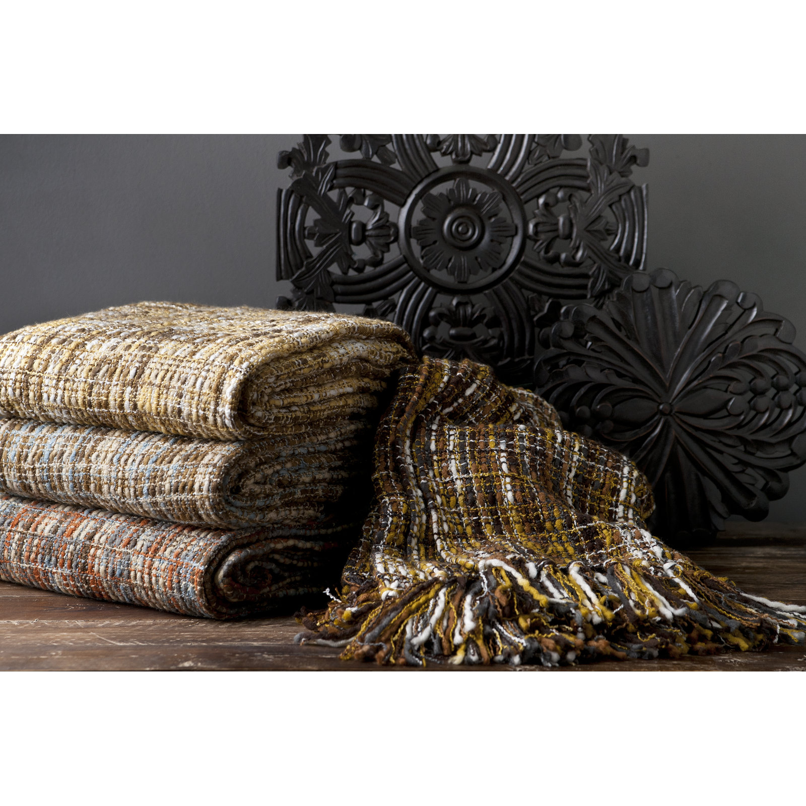 Ameeran Acrylic Hand Woven Throw Blanket, Rust, Ivory, Light Blue, Mushroom, Gray