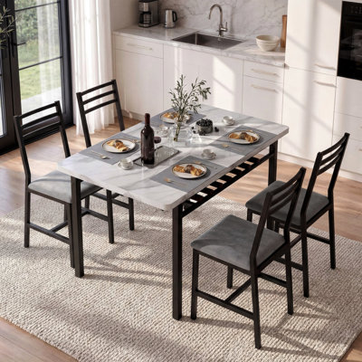 Modern Style 5-Piece Dining Table Set with 43.3"L x 27.6"D Rectangular Faux Marble Top Dining Table and 4 Velvet Upholstered Dining Chairs, 4-Person Dining Set with Under-Table Storage