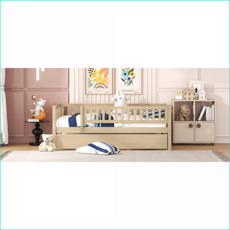 Twin Size Wood Daybed with Trundle &amp; Fence Guardrails - No Box Spring Needed, Natural, Natural