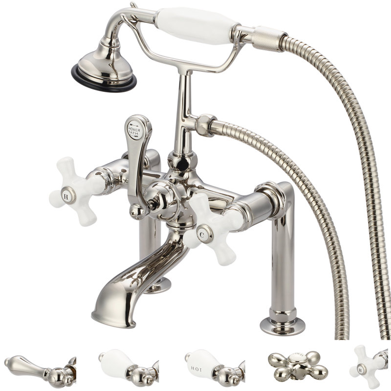 Stonington Deck Tub Spout, Polished Nickel, Porcelain Cross Handles