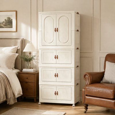 Plastic Closet Wardrobe with Hanging Rod and Wheels