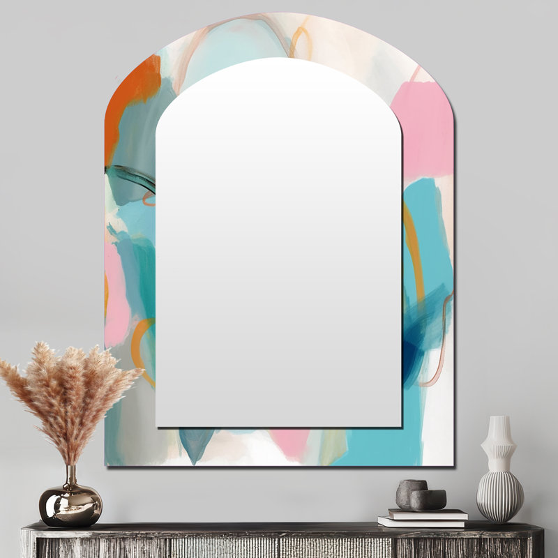Pink Blue Minimalims Fludity V - Minimalism Asymmetrical Mirror, Pink Arch Decorative Wall Mirror, Printed Metal Art