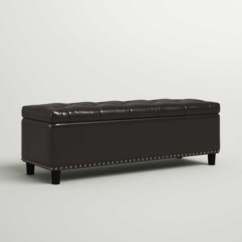 Upholstered Ottoman,  Dark Brown Faux Leather, Dark Brown