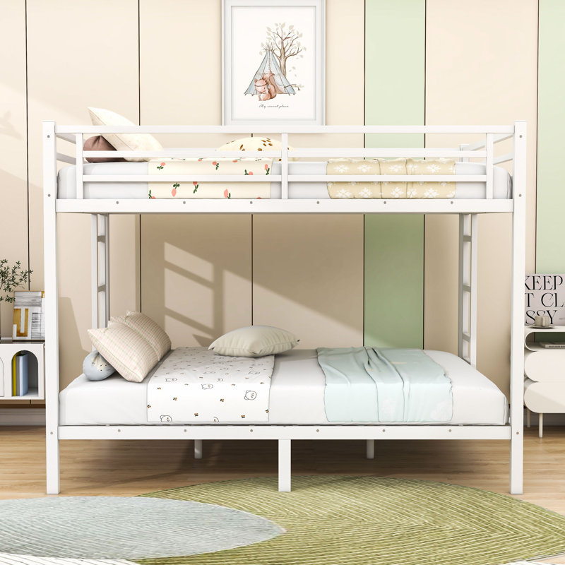 Queen Over Queen Metal Bunk Bed With Ladders, White