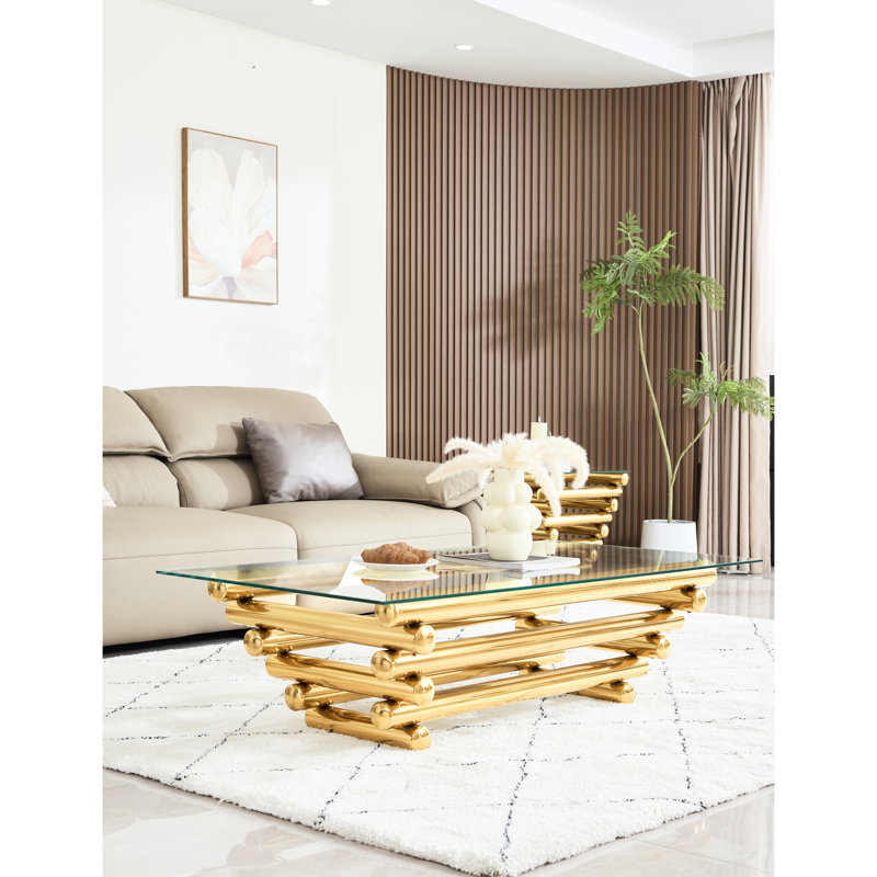 Rectangular Modern Coffee Table, 55", Clear Tempered Glass Tabletop, Gold Stainless Steel Base, Industrial Trait, And Graceful Aspect, Elegant