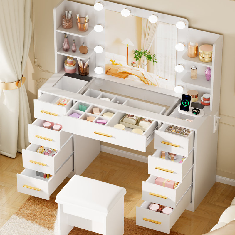 Adriel 55.1"h Makeup Vanity Desk With 9 Drawers, Glass Top & Power Outlet