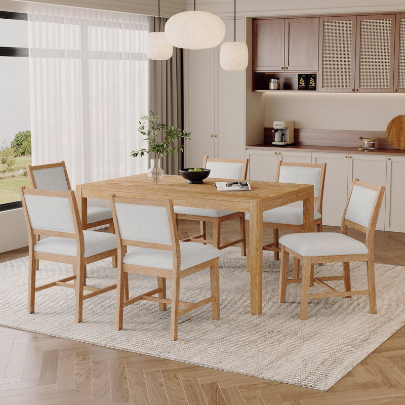 7-Piece Retro Dining Table Set For 6 People, 1 Rectangular Wood Dining Table Set For 6 People With Upholstered Chairs