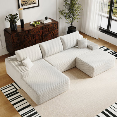 107" Corduroy Upholstered 4 - Seat White Sectional With , Modern Design, No Assembly, Comfortable Chaise Minimalist Deep Corner Couch, Corduroy, Comfort For Home Ambiance