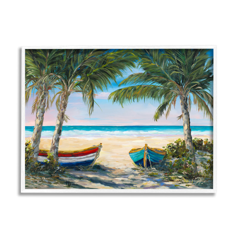 Canots à rames sur la plage, palmiers tropicaux, H 16 po x l 20 po x P 1,5 po, Giclée encadrée blanc bord de mer