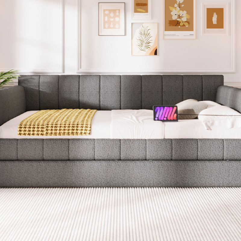 Queen Size Upholstered Platform Bed With USB And Trundle, Gray