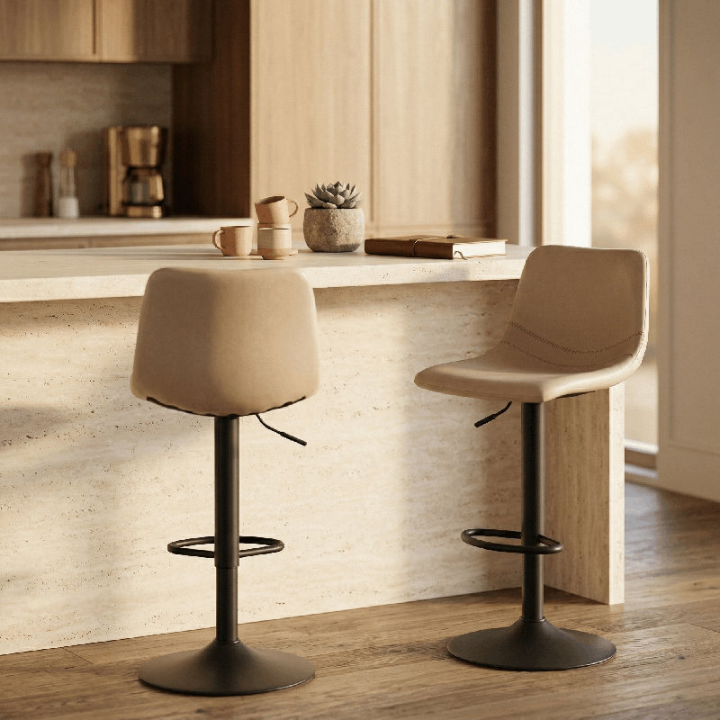 Maximilian Modern Adjustable Swivel Bar Stool – PU Leather Seat with Footrest & Iron Base – 360° Rotation, Counter & Bar Height Chair for Kitchen Island, Home Bar, Pub, Dining Room