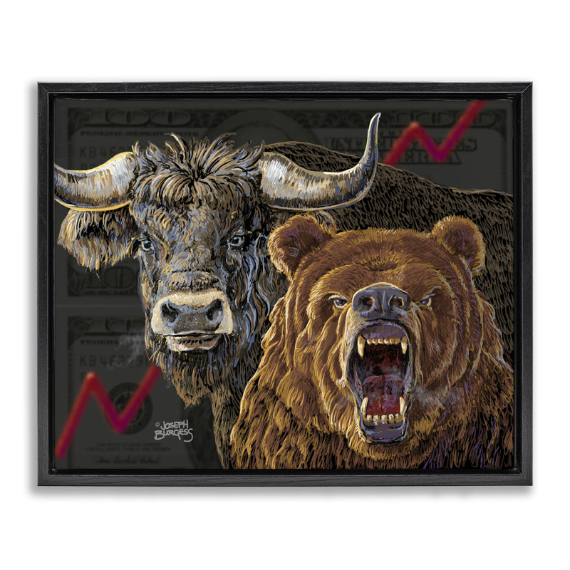 Art mural encadré "Bull & Bear", par Joseph Burgess, Cadre flottant noir de jais, H 17 po x l 21 po
