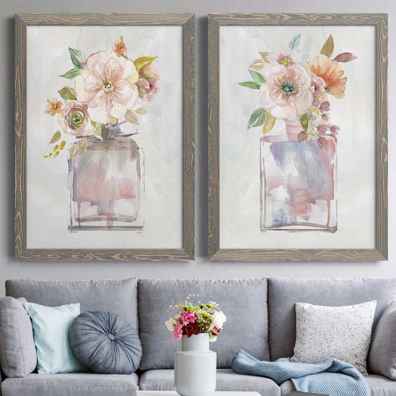 Mini Bouquet I - Ensemble de 2 peintures sur toile encadrées, Encadré de bois de noyer, H 37,5 po x l 55 po x P 1,5 po