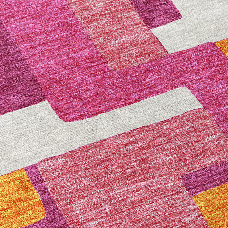 Pink Geometric Machine-Washable Rectangular Indoor/Outdoor Rug