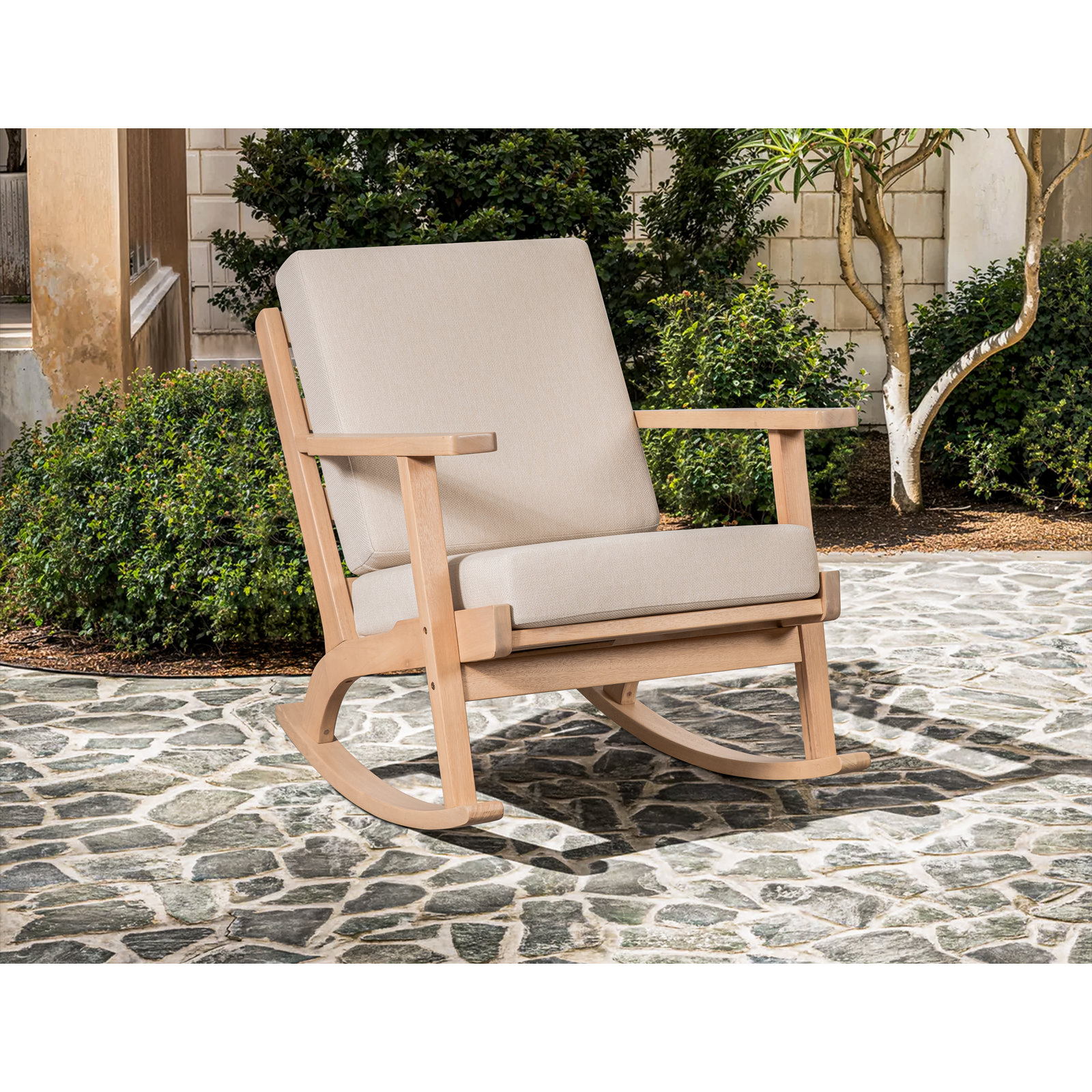 Solid Wood Outdoor Rocking Chair with Cushion