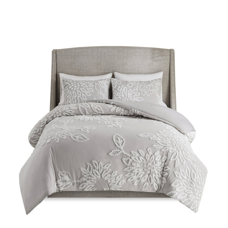 Très grand / très grand édredon. Chenille. Gris chaud et blanc. . 3 pièces avec 2 taies décoratives. Décoration de chambre Shabby Chic. Motif floral blanc en coton doux.