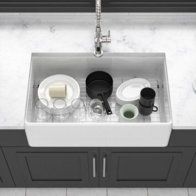 White Kitchen Sink, 33-Inch Ceramic, Single Bowl With Reversible Design And Build Rust- Drainage