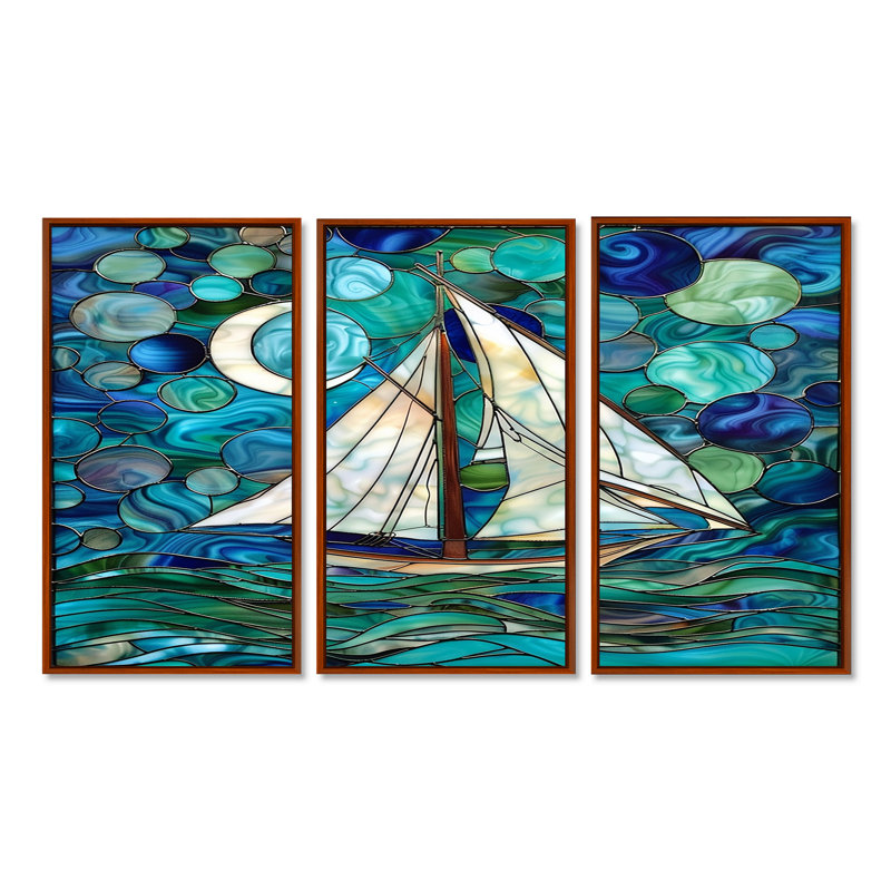 Voilier, océan, ciel, cercles, vert et bleu - Bateau, art mural, ensemble de salon, Cadre flottant brun