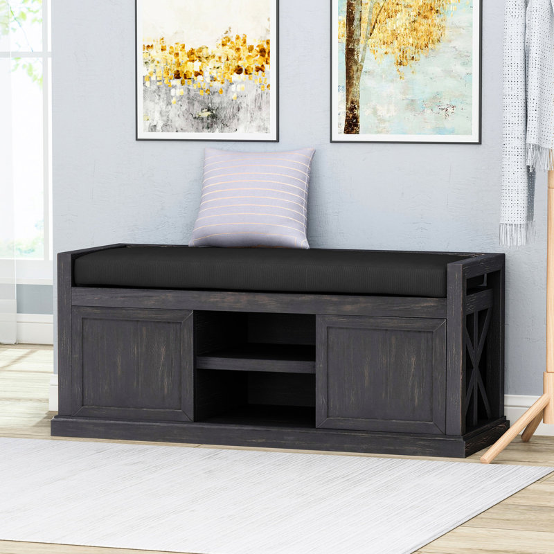 Banc rustique gris foncé en bois avec siège rembourré