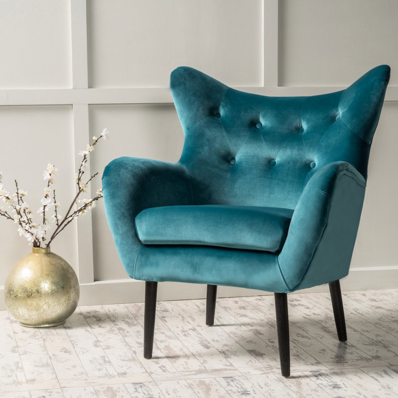 Fauteuil Mid-Century en velours bleu sarcelle avec dossier à boutons et siège à oreilles - Confort et glamour, Sarcelle