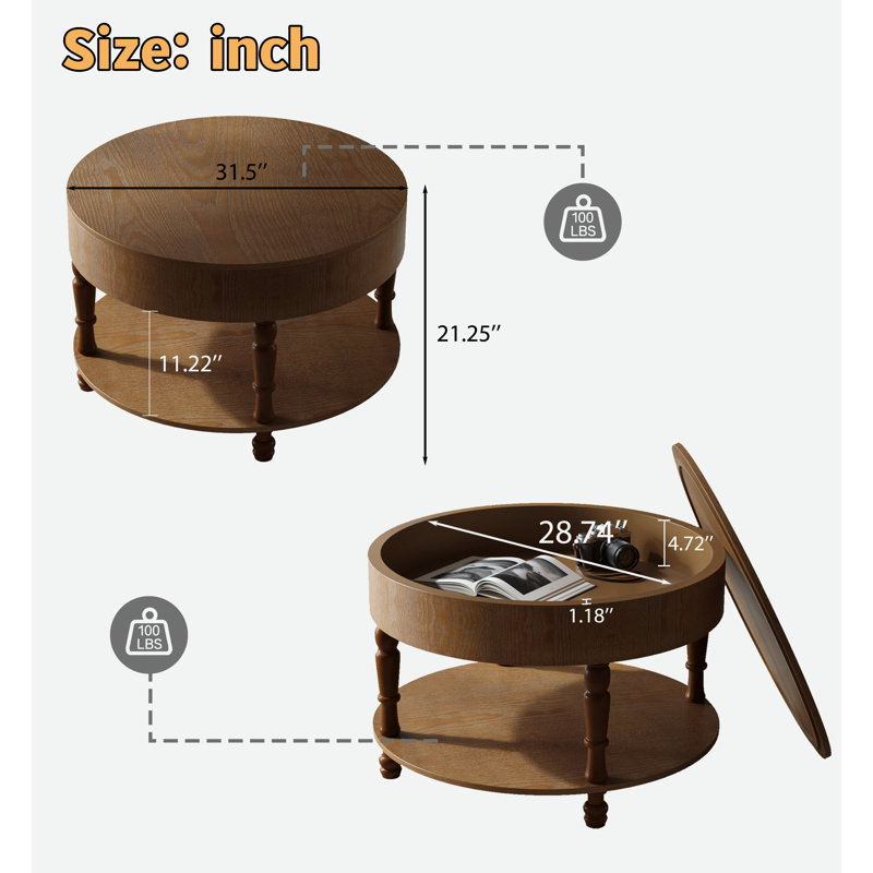 Table basse ronde moderne avec compartiment caché, tablette ouverte et pieds réglables, Noyer brun