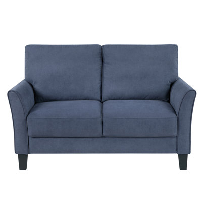 Moderne bleu contemporain avec revêtement en tissu texturé et structure en bois massif avec coussins attachés et faux pieds noirs exposés avec style
