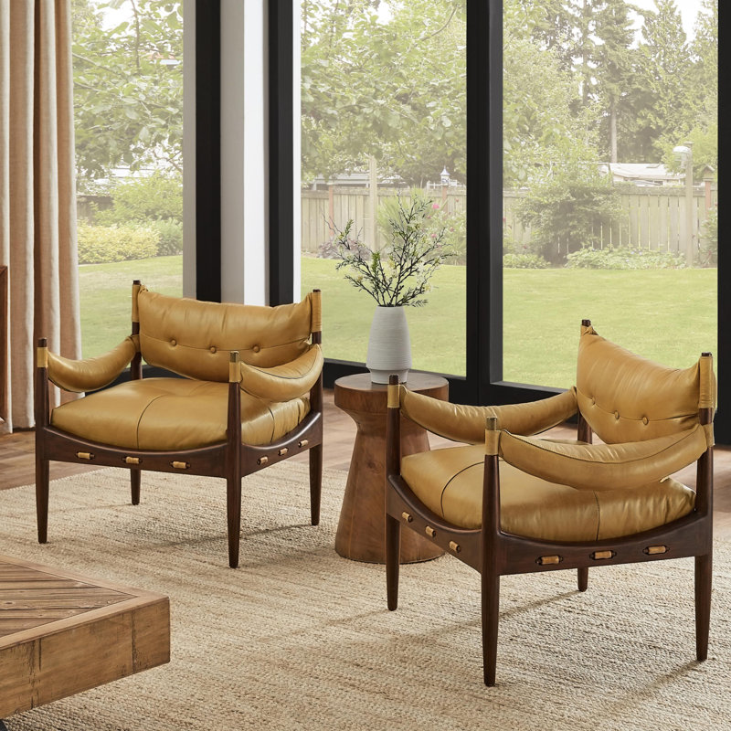 Full Grain Genuine Leather Armchair Set Of 2, Light Brown Genuine Leather