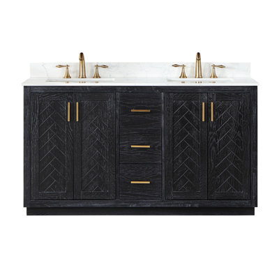 Fairbury 60"" Double Bathroom Vanity Set In Brown Oak With Grain White Composite Stone Countertop Without Mirror -  Willa Arloâ¢ Interiors, A479DC3A905C4DBD8CB3C8033EC53CE6