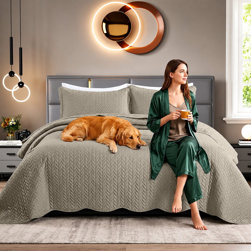 Embossed Microfiber Quilt Coverlet Set, Beige, Twin ( 66 Inc x 86 Inc )