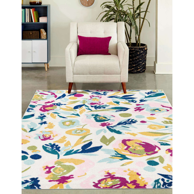 Holle Floral Area Rug, Square 7'10", White/Navy Blue/Yellow