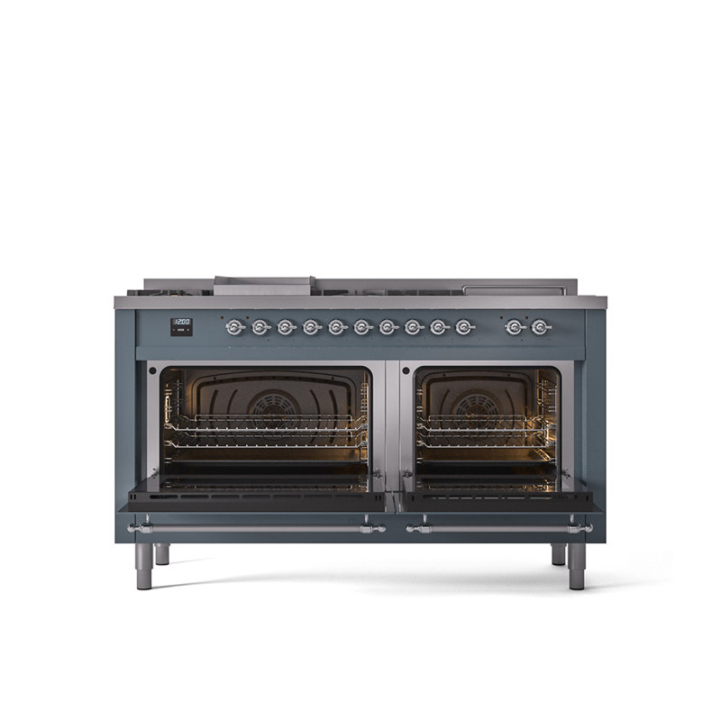 ILVE Nostalgie II 60 in Dual Fuel Range, 7 Burner, Griddle, Frenchtop, Natural Gas, Blue Gray/Chrome