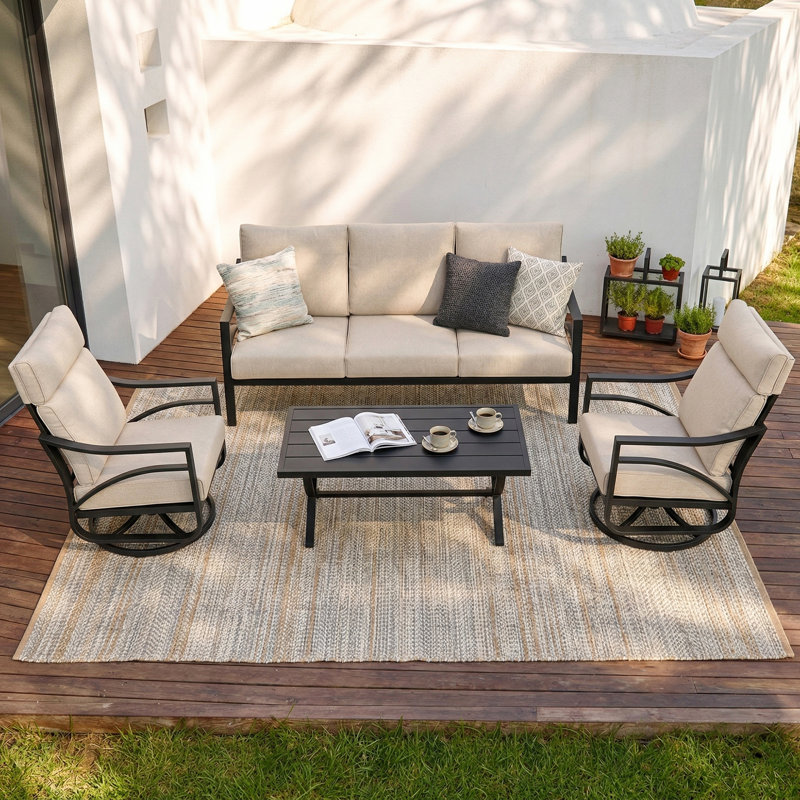 4-Piece Sofa Set with Thick Padded Zippered Cushions, Beige, Beige