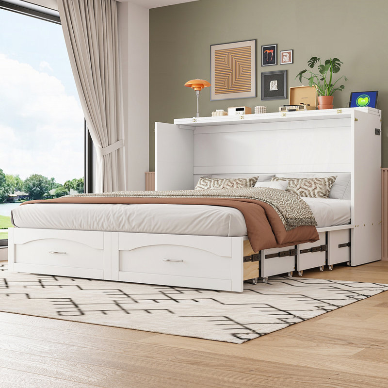 Lit escamotable mural avec tiroir et prises USB, structure à poulie pour un fonctionnement en douceur, Blanc