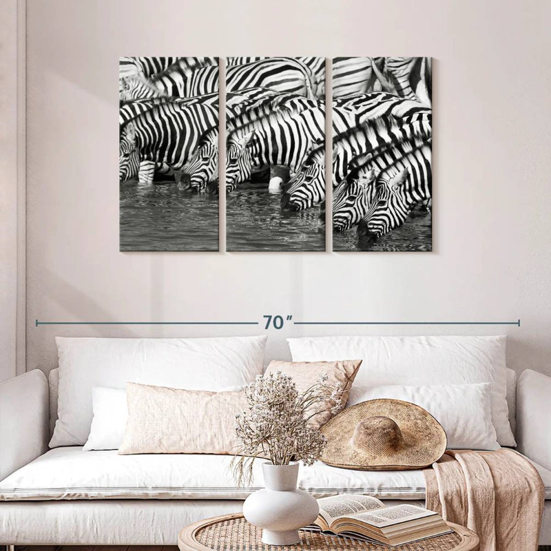 Brampt Etosha buvant des zèbres, H 28 po x l 45 po