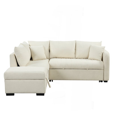 82.6" L-Shaped Sectional Pull Out Sofa Bed Sleeper Sofa With Two USB Ports, Two Power Sockets And A Movable Storage Ottoman, Beige