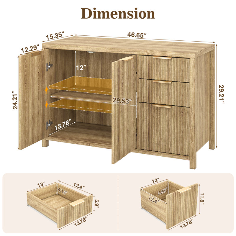 47" Wood Finish Striped Sideboard Buffet Cabinet With 3 Drawers & Adjustable Shelves