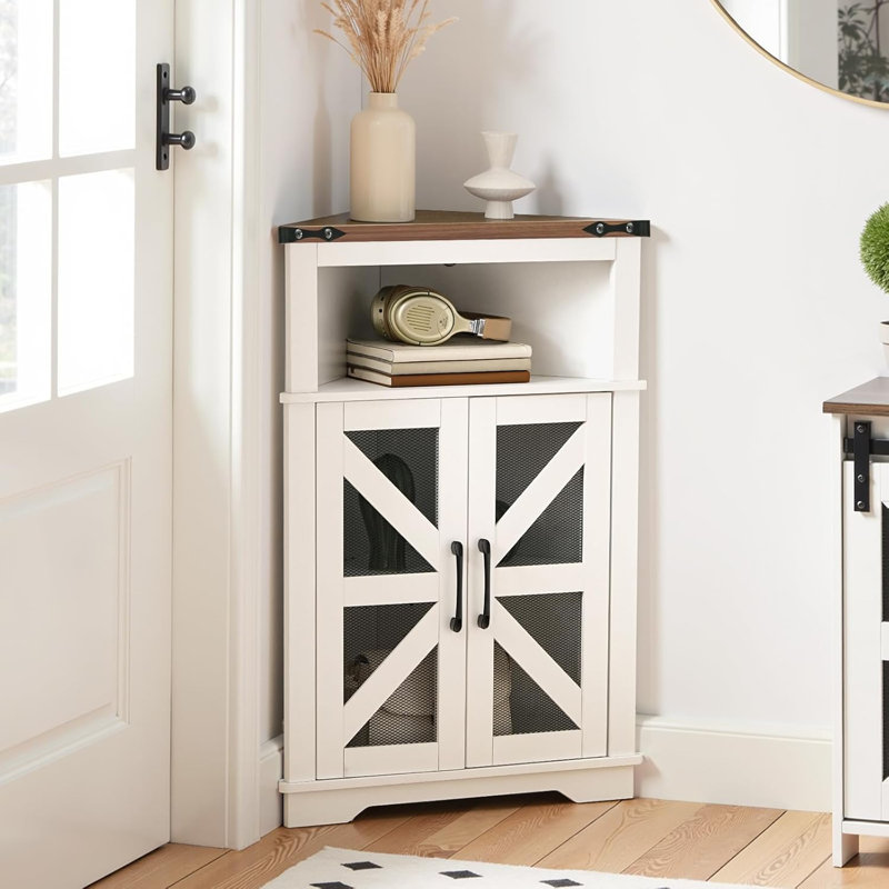 Armoire de rangement d'angle, petite armoire d'angle avec portes et tablettes réglables, armoire de rangement Farmhouse avec lumières DEL pour salle de bain, salon, cuisine, blanc et noyer