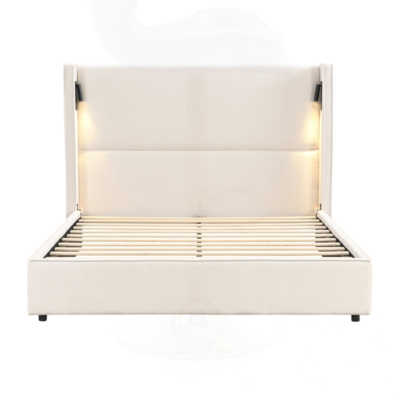 Base de lit rembourrée avec tête de lit à oreilles haute, lampe de lecture et port USB, Grand