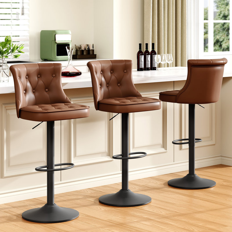Swivel Adjustable Height Bar Stool with Backs & Wide Seat Cushion (Set of 2), Brown, 2