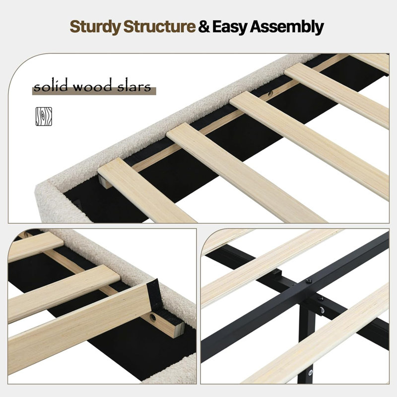 Bed Frames with Headboard, Boucle Bed Frame with Upholstered Headboard, Removable Upholstery, Wooden Slats Support, No Box Spring Needed
