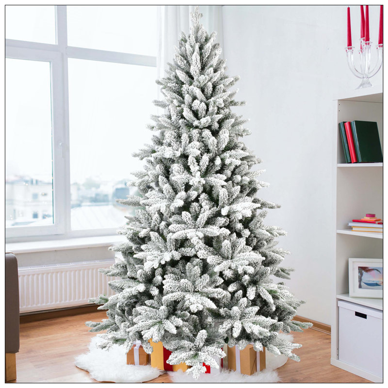 Flocked Christmas Tree With 768 Tips, Realistic PE+PVC Snowy Hinged Tree With Metal Stand, Full Artificial Xmas Tree For Holiday Decoration