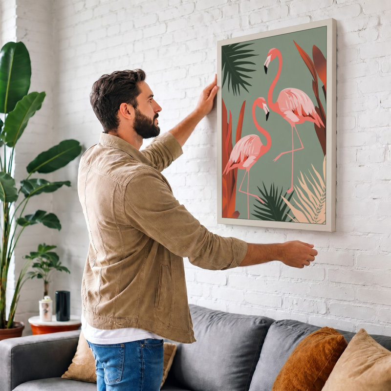 Flamingo Garden Tropical - Wrapped Canvas, 18x12 - 45.7 x 30.5 cm, Taupe Border