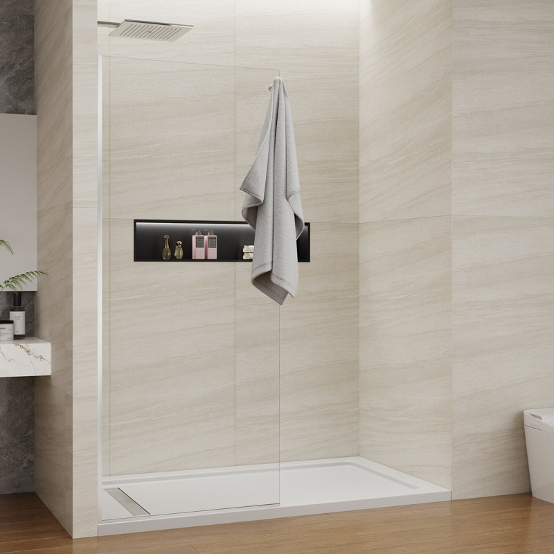 Shower Screen 32" Half Frameless Shower Wall Panel, Tempered Glass 3/8 Inch, Easy Clean Glass, Fixed Glass Shower Door With Towel Hook Matte Black