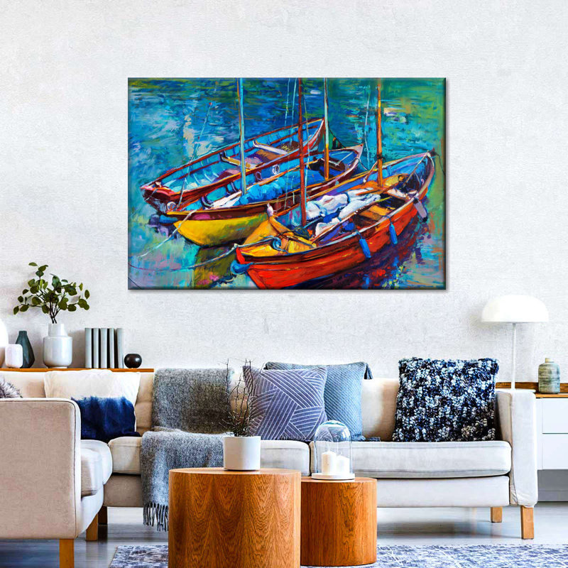 Trois bateaux amarrés, H 8 po x l 12 po x P 1 po