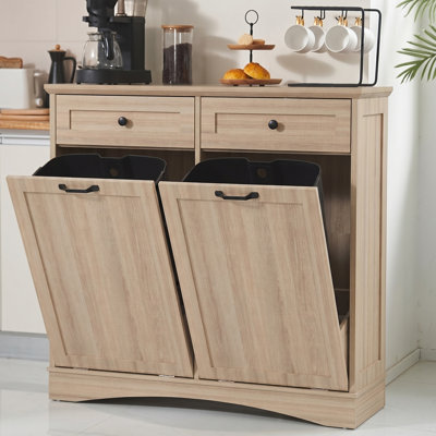 Double Tilt Out Trash Cabinet Freestanding Wooden Garbage Can Cabinet with Hideaway Drawers, 2x13 Gallons Pet Proof Garbage Can Holder for Kitchen Living Room