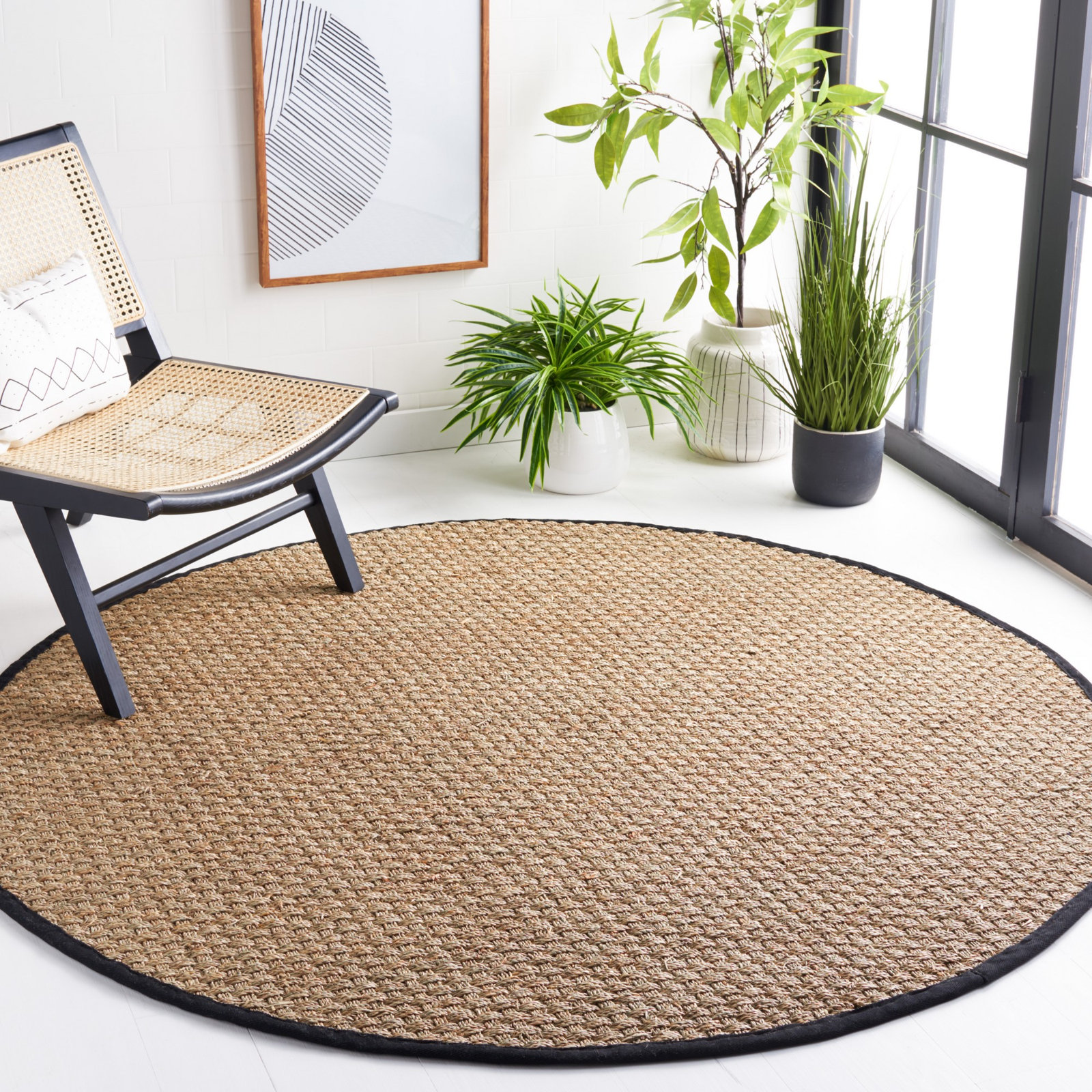 Natural Black Seagrass Rug, Round 10'